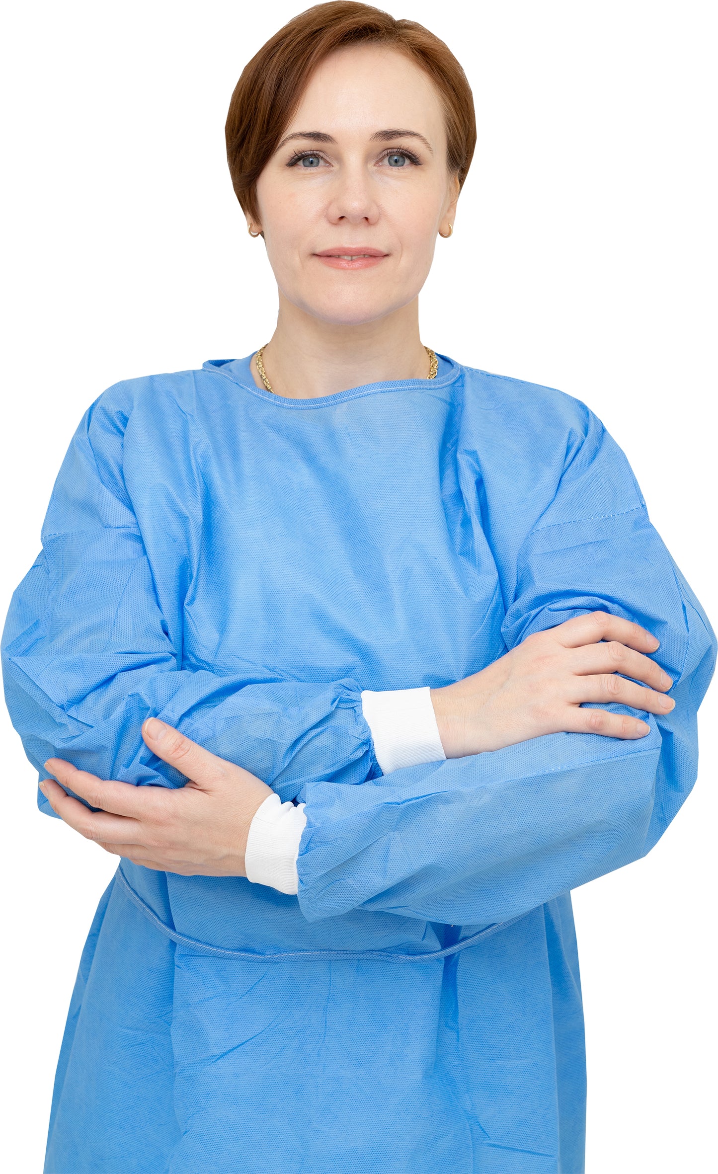 100 Case - Level 2 Disposable Isolation Gowns - SMS 35g, Knitted Cuffs, Fully Closed Double Tie Neck and Waist, Universal Fit, Latex-Free, Blue