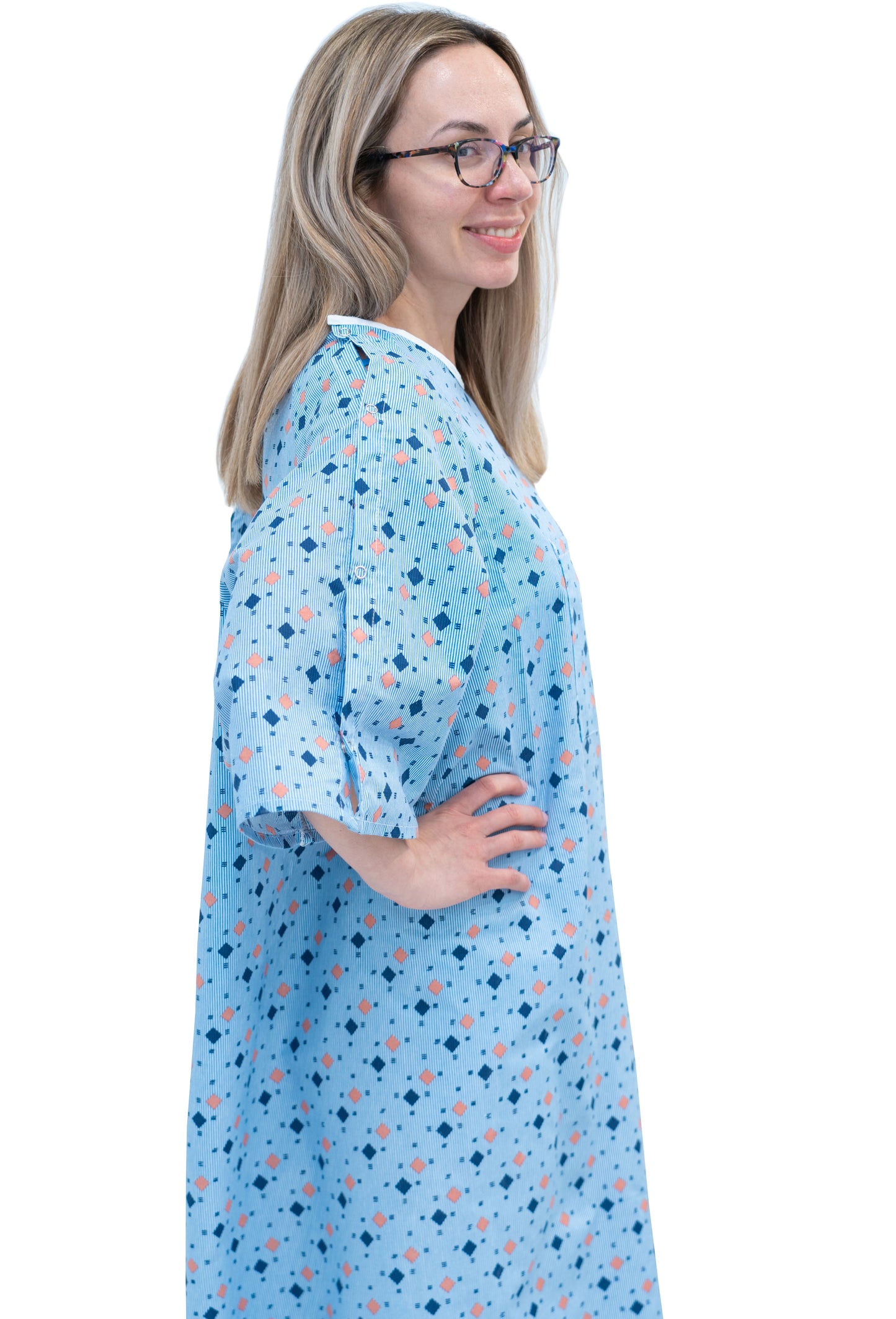 1 Dozen - Wholesale Unisex Hospital Gowns with IV Snap Sleeves – Fits Up to 2XL – Tie-Back Style – Blue Diamond Pattern