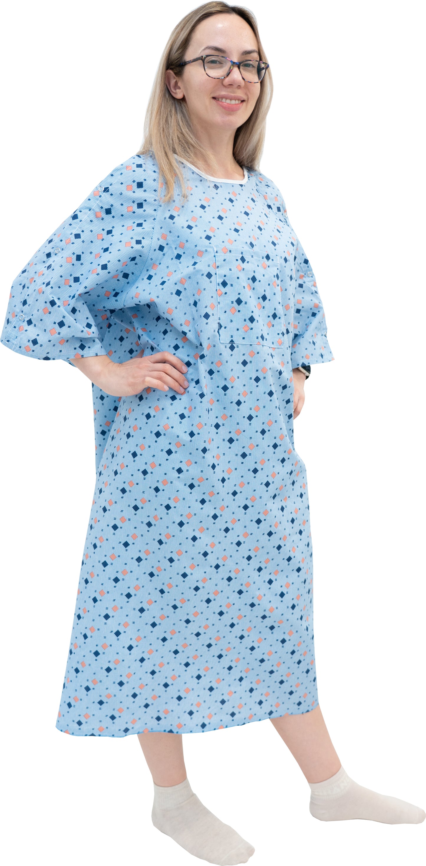 1 Dozen - Wholesale Unisex Hospital Gowns with IV Snap Sleeves – Fits Up to 2XL – Tie-Back Style – Blue Diamond Pattern