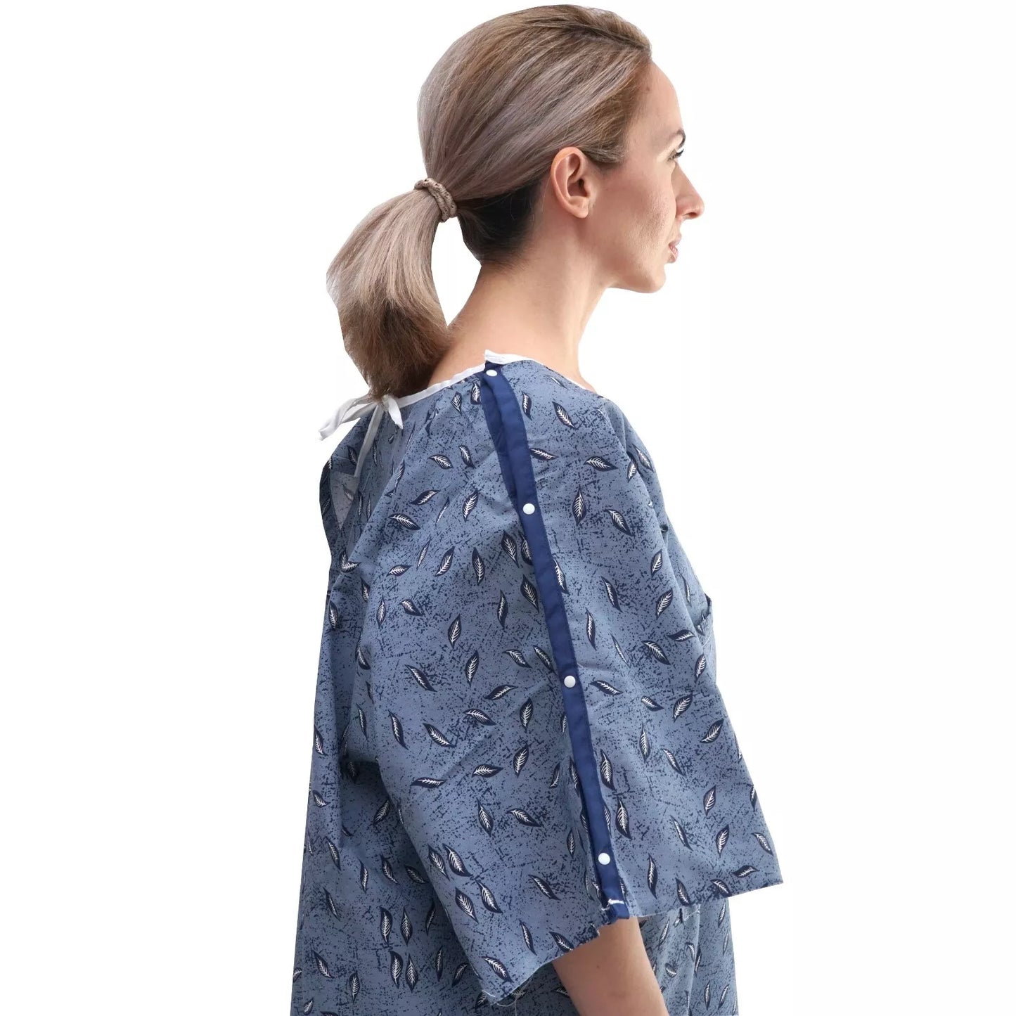 1 Dozen - Hospital Patient Gown, IV, Tie side w/Telemetry Pocket - Blue Leaf Print