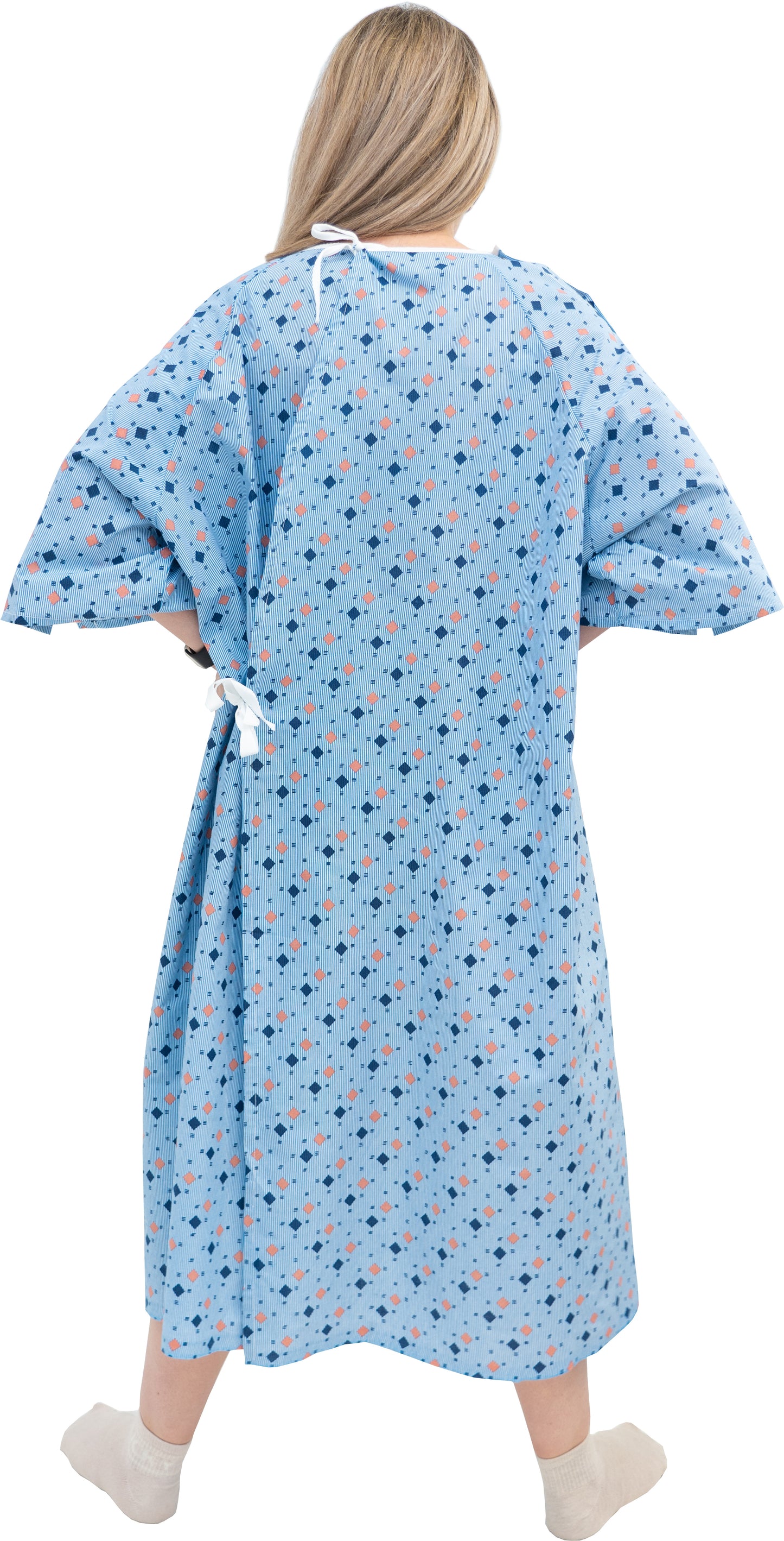 1 Dozen - Wholesale Unisex Hospital Gowns with IV Snap Sleeves – Fits Up to 2XL – Tie-Back Style – Blue Diamond Pattern
