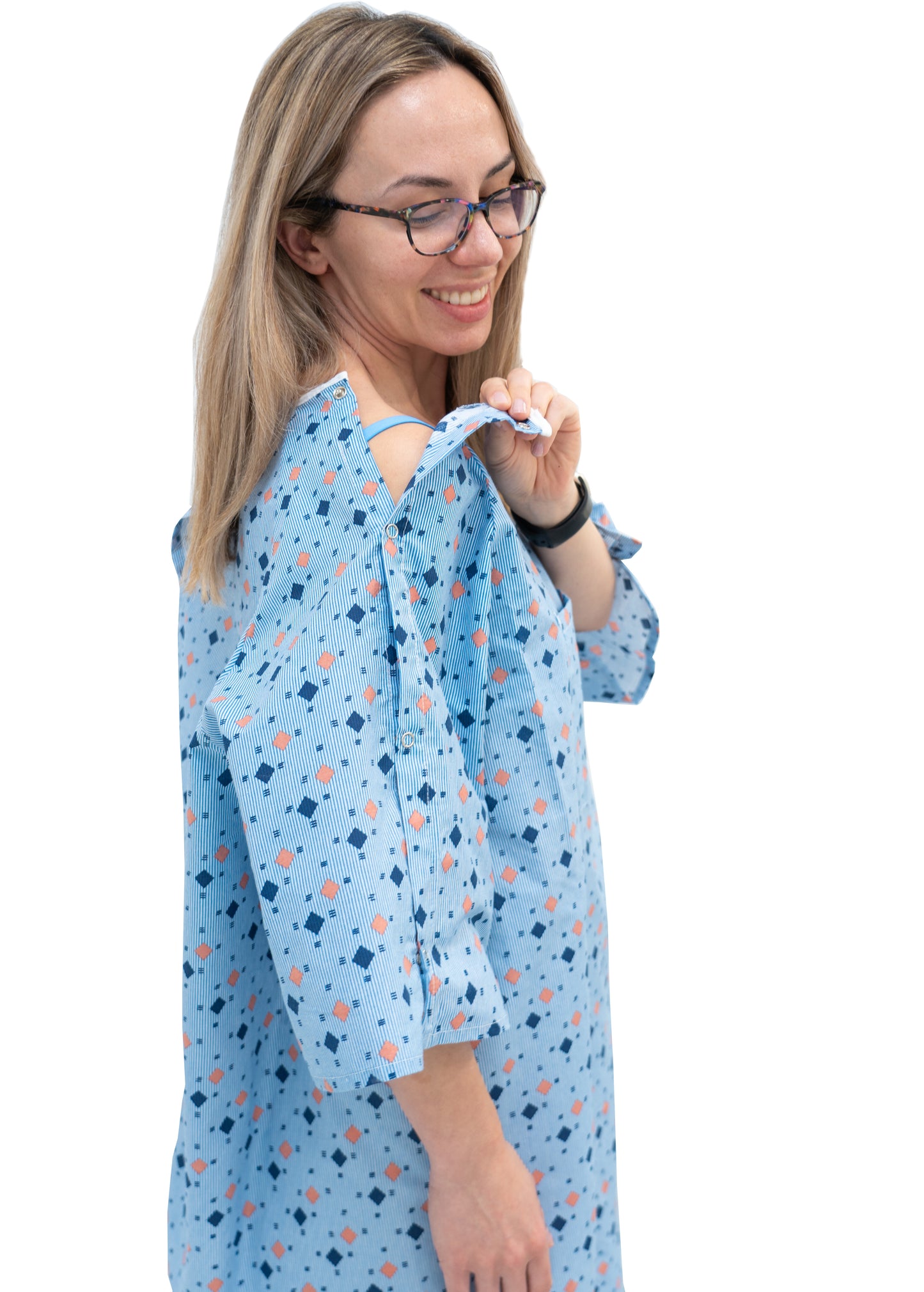 1 Dozen - Wholesale Unisex Hospital Gowns with IV Snap Sleeves – Fits Up to 2XL – Tie-Back Style – Blue Diamond Pattern