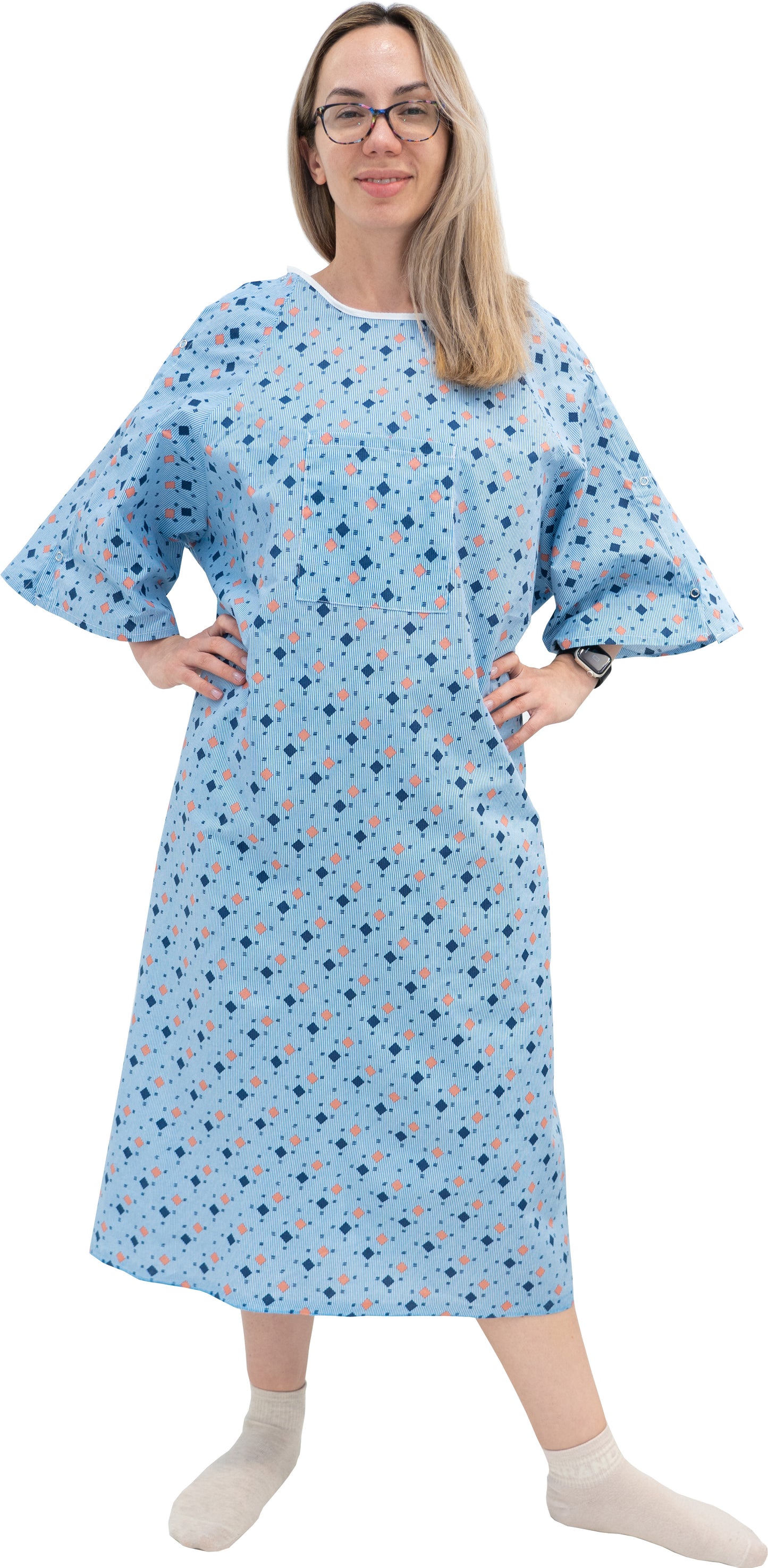 1 Dozen - Wholesale Unisex Hospital Gowns with IV Snap Sleeves – Fits Up to 2XL – Tie-Back Style – Blue Diamond Pattern