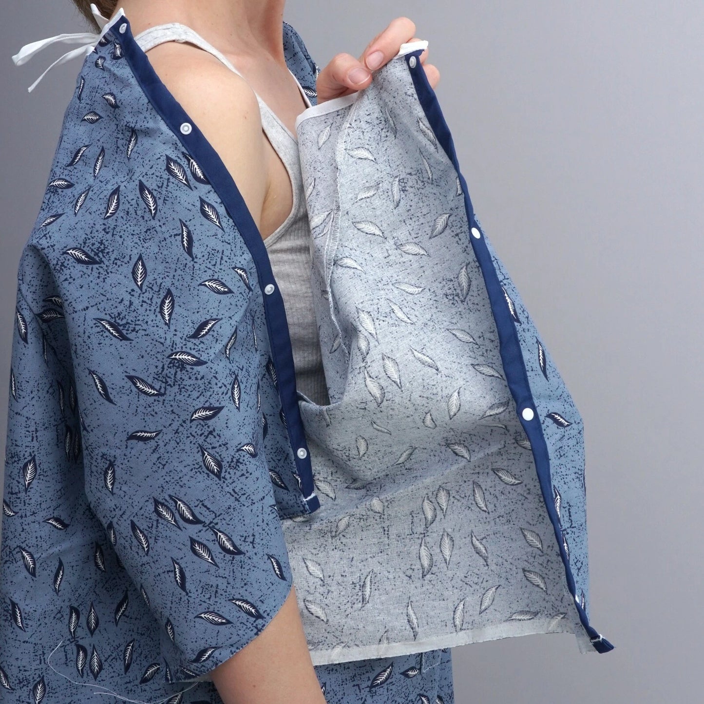 1 Dozen - Hospital Patient Gown, IV, Tie side w/Telemetry Pocket - Blue Leaf Print