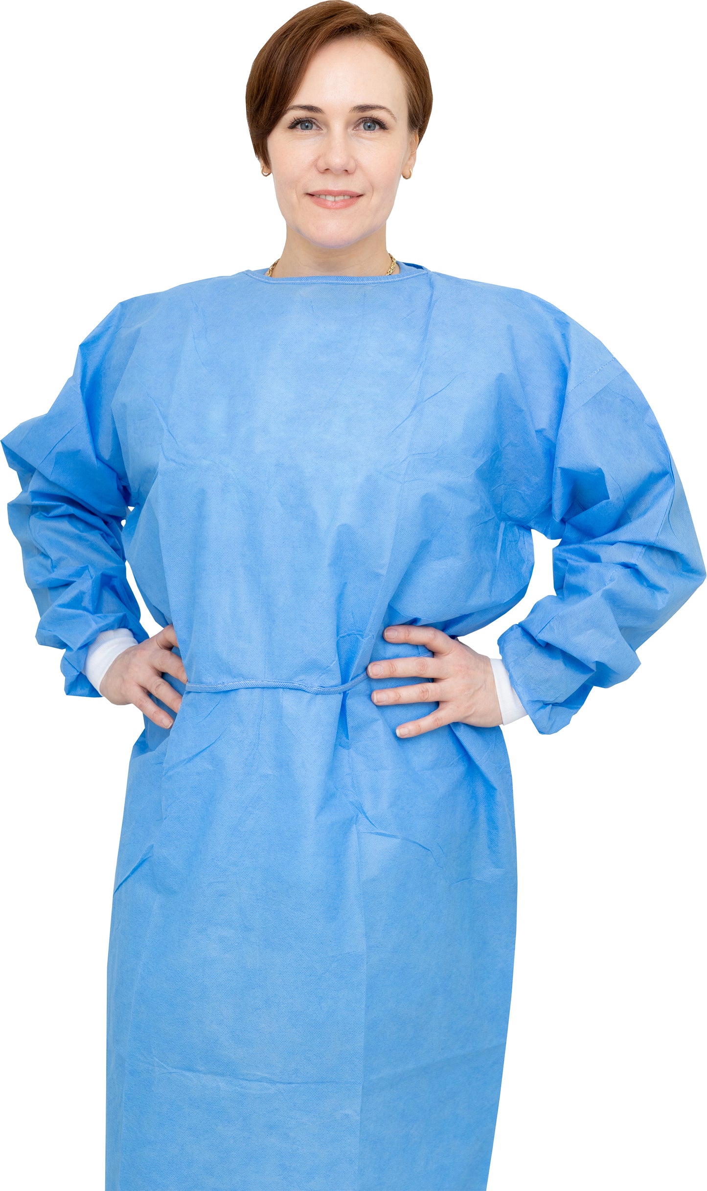 100 Case - Level 2 Disposable Isolation Gowns - SMS 35g, Knitted Cuffs, Fully Closed Double Tie Neck and Waist, Universal Fit, Latex-Free, Blue