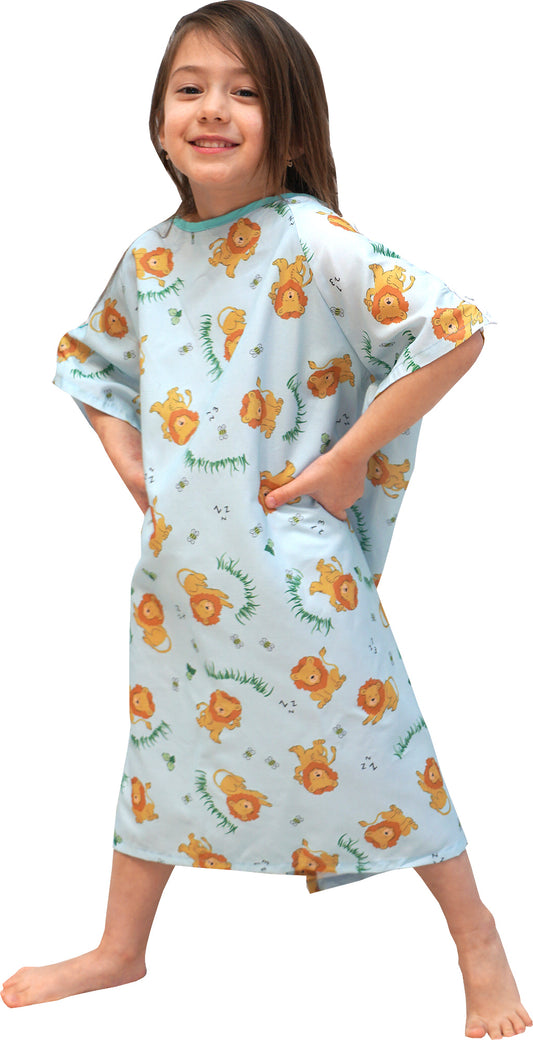1 Dozen - Pediatric IV Gown, Woven, 100% Polyester, Lazy Lion Blue Background