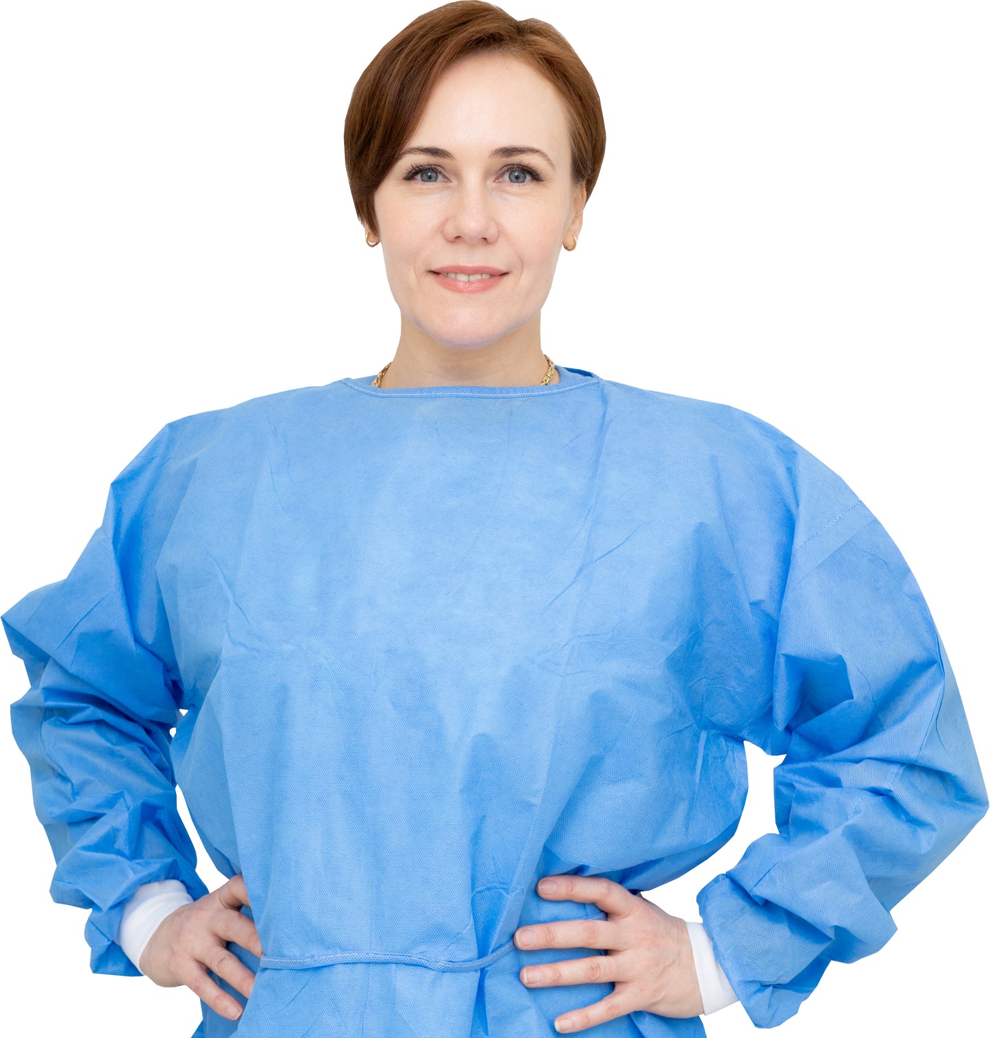 100 Case - Level 2 Disposable Isolation Gowns - SMS 35g, Knitted Cuffs, Fully Closed Double Tie Neck and Waist, Universal Fit, Latex-Free, Blue