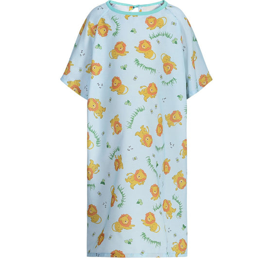 1 Dozen - Pediatric IV Gown, Woven, 100% Polyester, Lazy Lion Blue Background