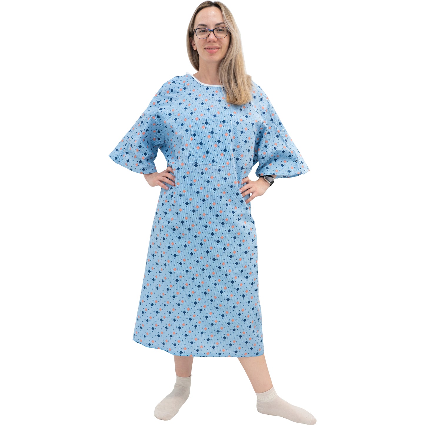 1 Dozen - Wholesale Unisex Hospital Gowns with IV Snap Sleeves – Fits Up to 2XL – Tie-Back Style – Blue Diamond Pattern