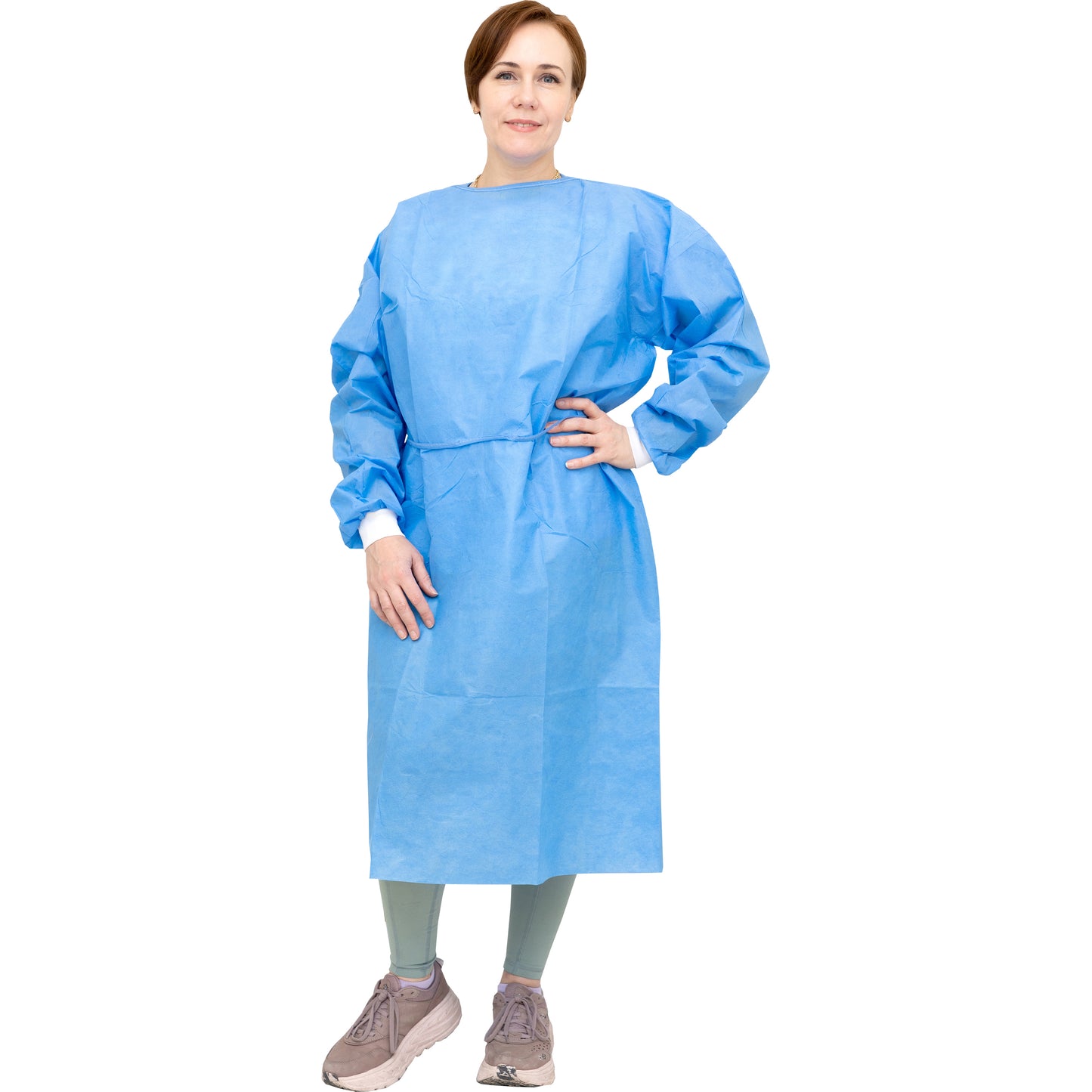 100 Case - Level 2 Disposable Isolation Gowns - SMS 35g, Knitted Cuffs, Fully Closed Double Tie Neck and Waist, Universal Fit, Latex-Free, Blue