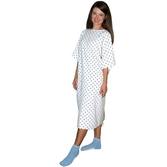 1 Dozen - Deluxe Demure Print Hospital Gown / Hospital Patient Gown w/ Back Ties White