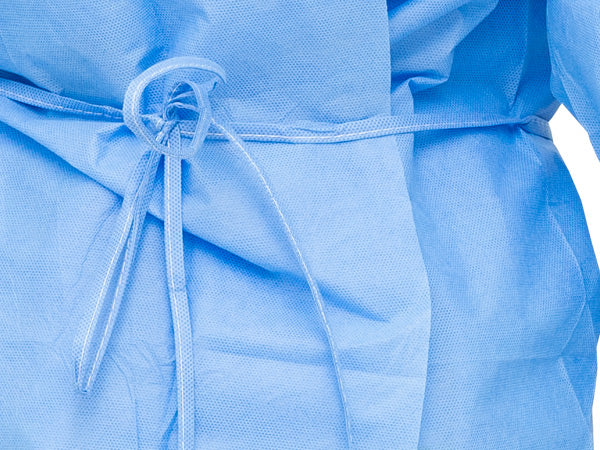 100 Case - Level 2 Disposable Isolation Gowns - SMS 35g, Knitted Cuffs, Fully Closed Double Tie Neck and Waist, Universal Fit, Latex-Free, Blue