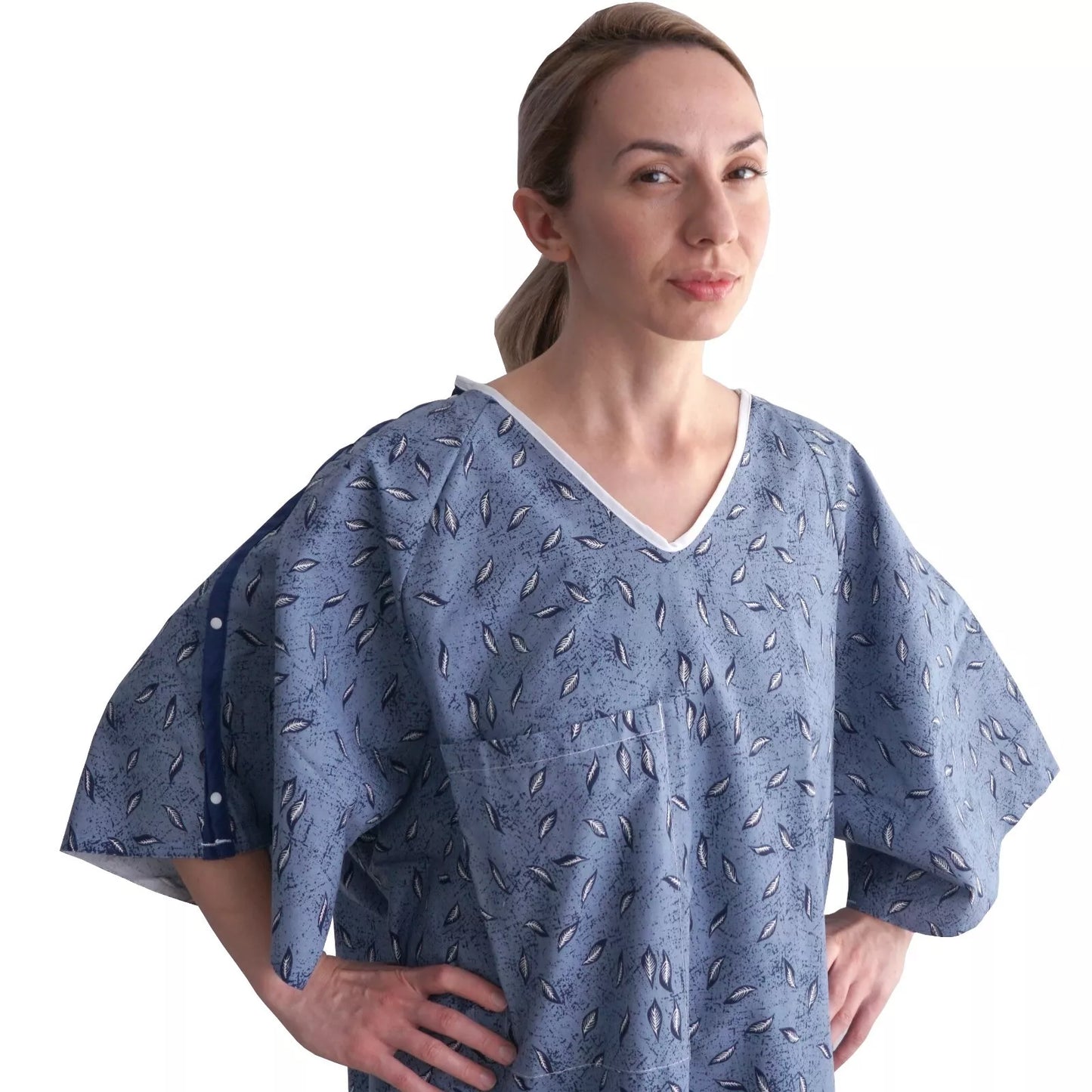 1 Dozen - Hospital Patient Gown, IV, Tie side w/Telemetry Pocket - Blue Leaf Print