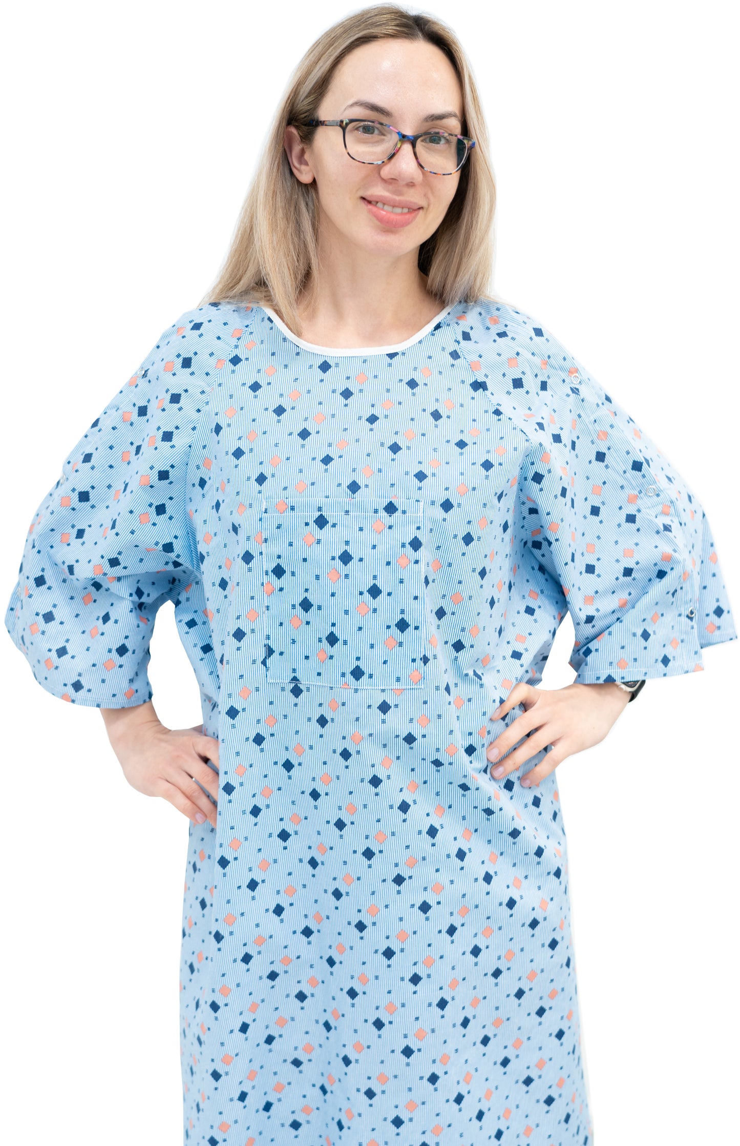 1 Dozen - Wholesale Unisex Hospital Gowns with IV Snap Sleeves – Fits Up to 2XL – Tie-Back Style – Blue Diamond Pattern