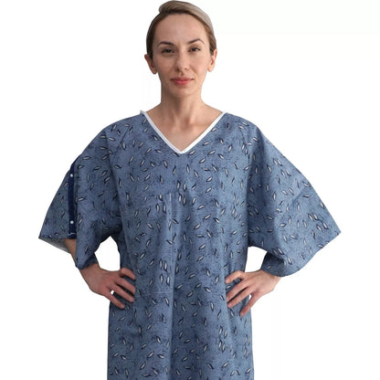 1 Dozen - Hospital Patient Gown, IV, Tie side w/Telemetry Pocket - Blue Leaf Print