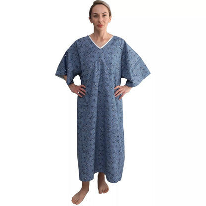 1 Dozen - Hospital Patient Gown, IV, Tie side w/Telemetry Pocket - Blue Leaf Print