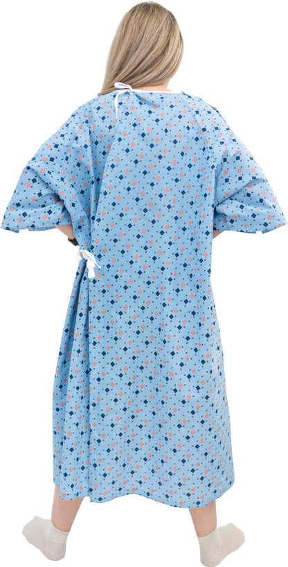 1 Dozen - Wholesale Unisex Hospital Gowns with IV Snap Sleeves – Fits Up to 2XL – Tie-Back Style – Blue Diamond Pattern