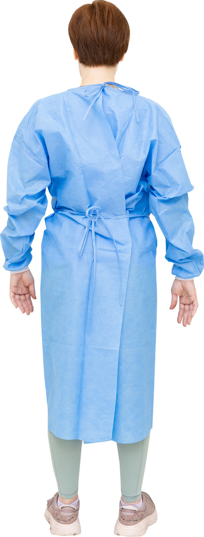 100 Case - Level 2 Disposable Isolation Gowns - SMS 35g, Knitted Cuffs, Fully Closed Double Tie Neck and Waist, Universal Fit, Latex-Free, Blue