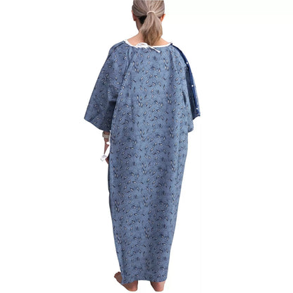 1 Dozen - Hospital Patient Gown, IV, Tie side w/Telemetry Pocket - Blue Leaf Print