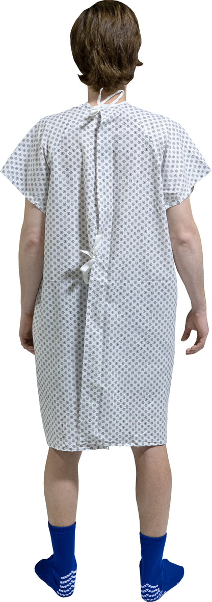 1 Dozen - Value Wholesale Economy Hospital Gown - White with Snowflake Prints