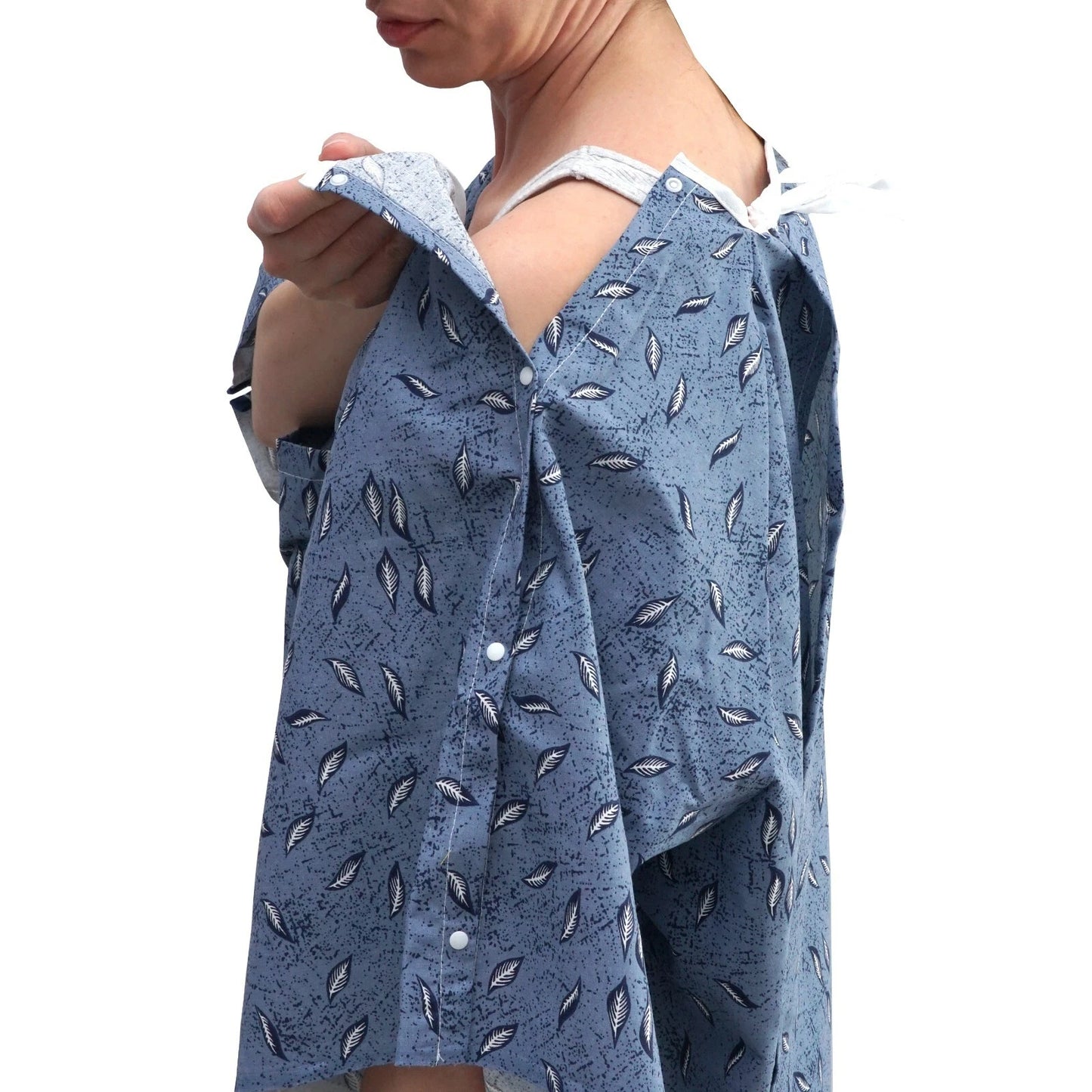 1 Dozen - Hospital Patient Gown, IV, Tie side w/Telemetry Pocket - Blue Leaf Print