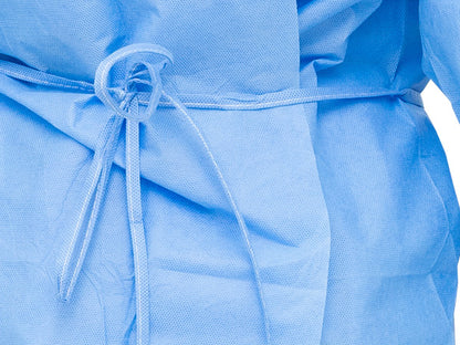 100 Case - Level 2 Disposable Isolation Gowns - SMS 35g, Knitted Cuffs, Fully Closed Double Tie Neck and Waist, Universal Fit, Latex-Free, Blue